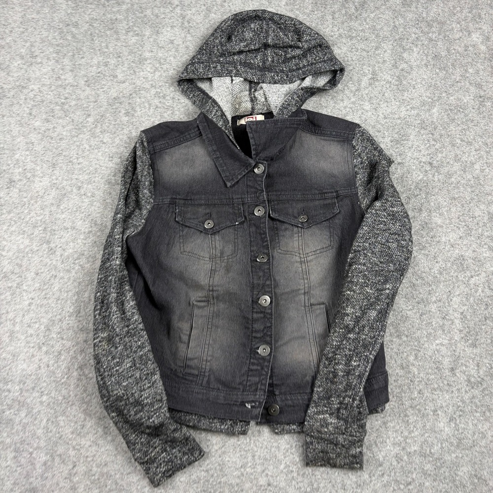 Lei Jacket Womens S Black Denim Hooded Knit Sleeves Mixed Media Trucker Coat